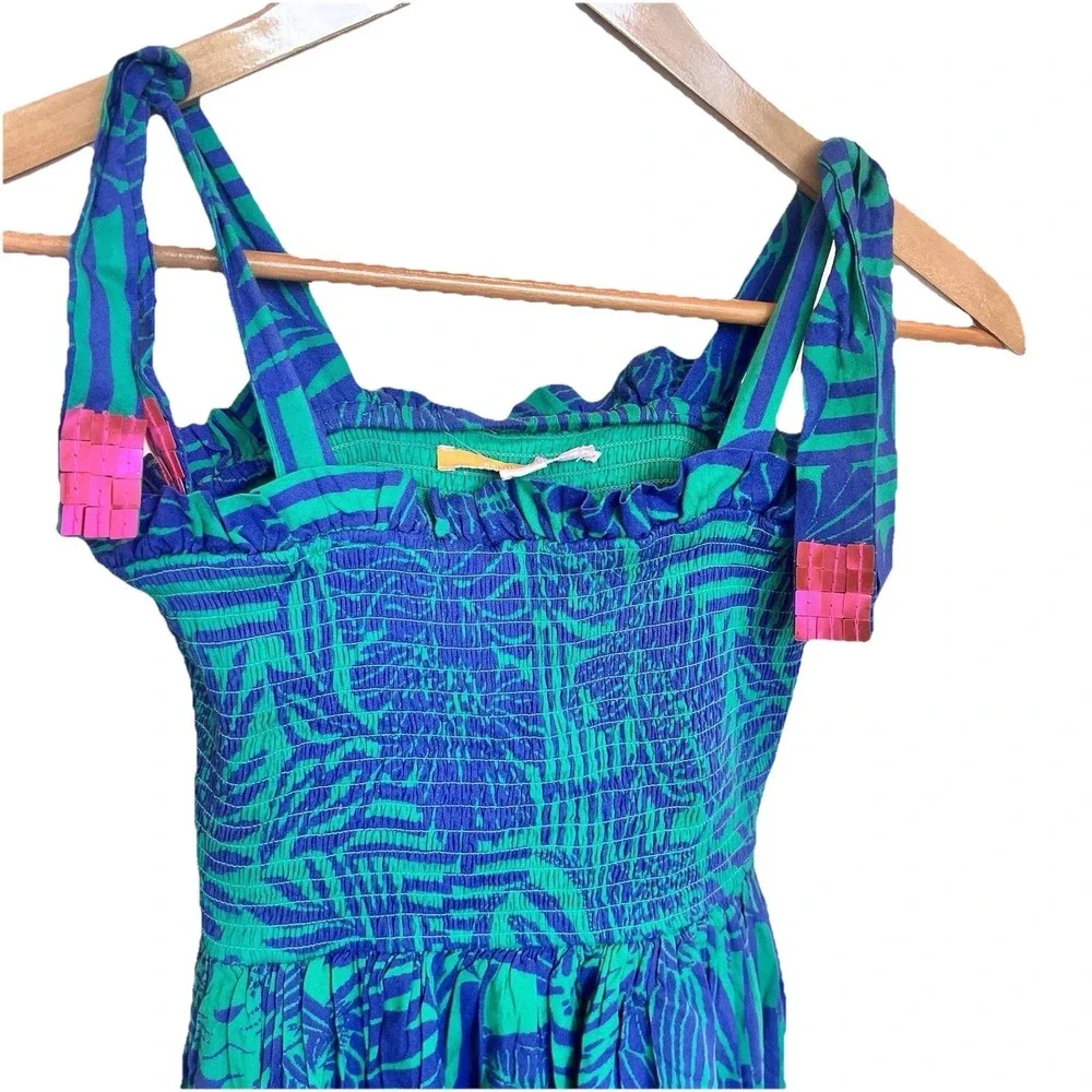 Briton Court Hawaiian Smocked Dress Girls Sz 8 Floral Hula Blue Print Hawaii